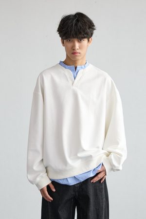 Men's Casual Long-Sleeve Henley T-Shirt, Striped Splicing, Versatile Two-Piece Top, Spring 2025 Fashion, Y2K Inspired