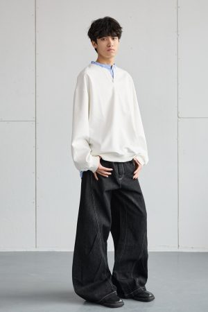 Men's Casual Long-Sleeve Henley T-Shirt, Striped Splicing, Versatile Two-Piece Top, Spring 2025 Fashion, Y2K Inspired