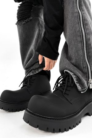 Men's Charcoal Black High-Top Derby Boots - Retro Big Head Martin Style, Matte Leather Mid-Top Shoes
