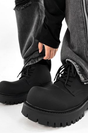 Men's Charcoal Black High-Top Derby Boots - Retro Big Head Martin Style, Matte Leather Mid-Top Shoes
