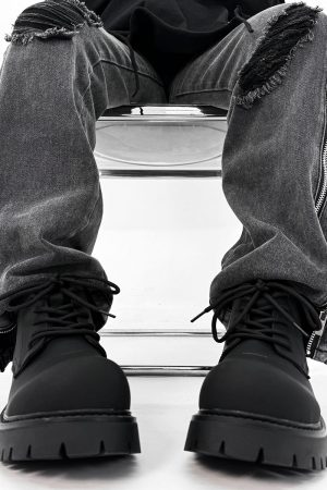 Men's Charcoal Black High-Top Derby Boots - Retro Big Head Martin Style, Matte Leather Mid-Top Shoes