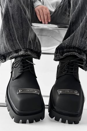 Men's Charcoal Black Square-Toed Derby Shoes, High-End British Design, Thick-Soled Height-Increasing, High Street Style Footwear