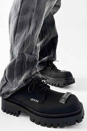 Men's Charcoal Black Square-Toed Derby Shoes, High-End British Design, Thick-Soled Height-Increasing, High Street Style Footwear