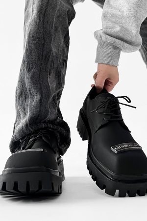 Men's Charcoal Black Square-Toed Derby Shoes, High-End British Design, Thick-Soled Height-Increasing, High Street Style Footwear