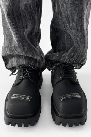 Men's Charcoal Black Square-Toed Derby Shoes, High-End British Design, Thick-Soled Height-Increasing, High Street Style Footwear