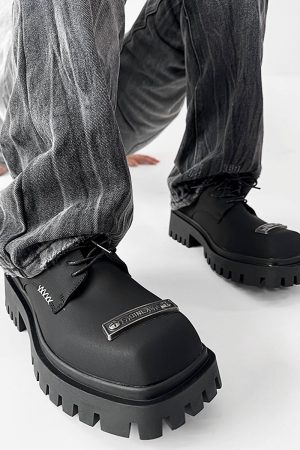 Men's Charcoal Black Square-Toed Derby Shoes, High-End British Design, Thick-Soled Height-Increasing, High Street Style Footwear