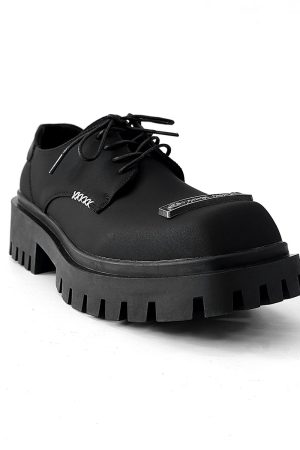 Men's Charcoal Black Square-Toed Derby Shoes, High-End British Design, Thick-Soled Height-Increasing, High Street Style Footwear