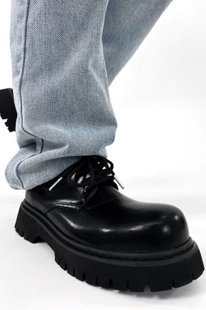 Men's High-End Matte Leather Derby Shoes with Thick Sole, Round Toe, and Big Head Mickey Design - Stylish British Cleanfit Footwear