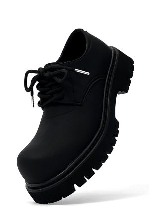 Men's High-End Matte Leather Derby Shoes with Thick Sole, Round Toe, and Big Head Mickey Design - Stylish British Cleanfit Footwear