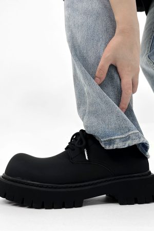 Men's High-End Matte Leather Derby Shoes with Thick Sole, Round Toe, and Big Head Mickey Design - Stylish British Cleanfit Footwear