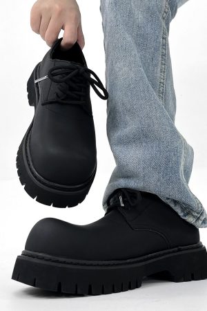 Men's High-End Matte Leather Derby Shoes with Thick Sole, Round Toe, and Big Head Mickey Design - Stylish British Cleanfit Footwear