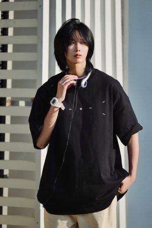 Men's Japanese Minimalist Short-Sleeve T-Shirt with Sewing Embroidery - 320g American Heavyweight Casual Trendy Wear