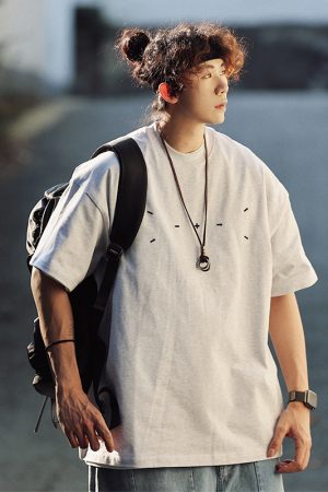 Men's Japanese Minimalist Short-Sleeve T-Shirt with Sewing Embroidery - 320g American Heavyweight Casual Trendy Wear