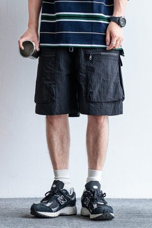 Men's Japanese Retro Summer Solid Color Loose Casual Shorts, Quick-Dry Multi-Pocket Five-Point Sports Pants