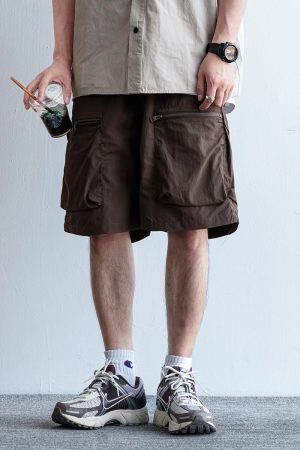 Men's Japanese Retro Summer Solid Color Loose Casual Shorts, Quick-Dry Multi-Pocket Five-Point Sports Pants