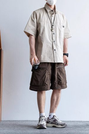 Men's Japanese Retro Summer Solid Color Loose Casual Shorts, Quick-Dry Multi-Pocket Five-Point Sports Pants