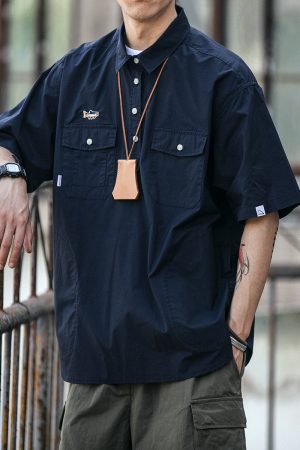 Men's Japanese Retro Summer Workwear Polo Shirt - Trendy Casual Half-Sleeve T-Shirt for 90s Inspired Style