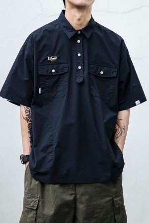 Men's Japanese Retro Summer Workwear Polo Shirt - Trendy Casual Half-Sleeve T-Shirt for 90s Inspired Style