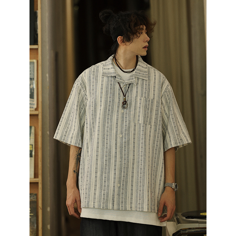 Men's Japanese Striped Pocket Work Shirt - Casual Summer Short Sleeve Fashion in Youthful Trendy Style Men's Japanese Striped Pocket Work Shirt - Casual Summer Short Sleeve Fashion in Youthful Trendy Style
