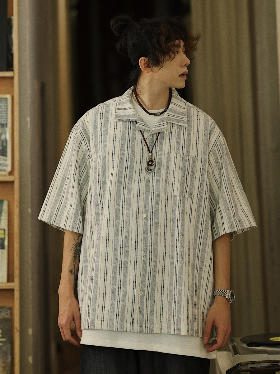 Men's Japanese Striped Pocket Work Shirt - Casual Summer Short Sleeve Fashion in Youthful Trendy Style Men's Japanese Striped Pocket Work Shirt - Casual Summer Short Sleeve Fashion in Youthful Trendy Style