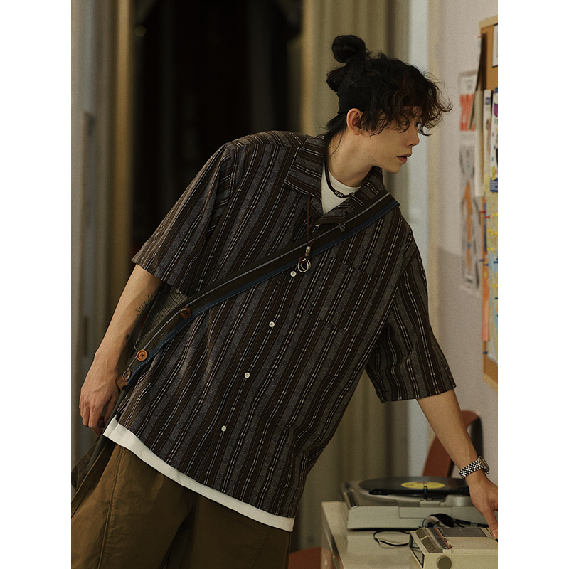 Men's Japanese Striped Pocket Work Shirt - Casual Summer Short Sleeve Fashion in Youthful Trendy Style Men's Japanese Striped Pocket Work Shirt - Casual Summer Short Sleeve Fashion in Youthful Trendy Style
