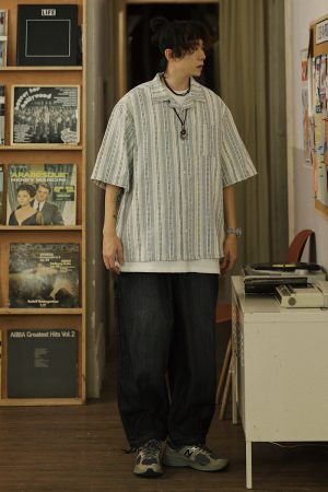 Men's Japanese Striped Pocket Work Shirt - Casual Summer Short Sleeve Fashion in Youthful Trendy Style