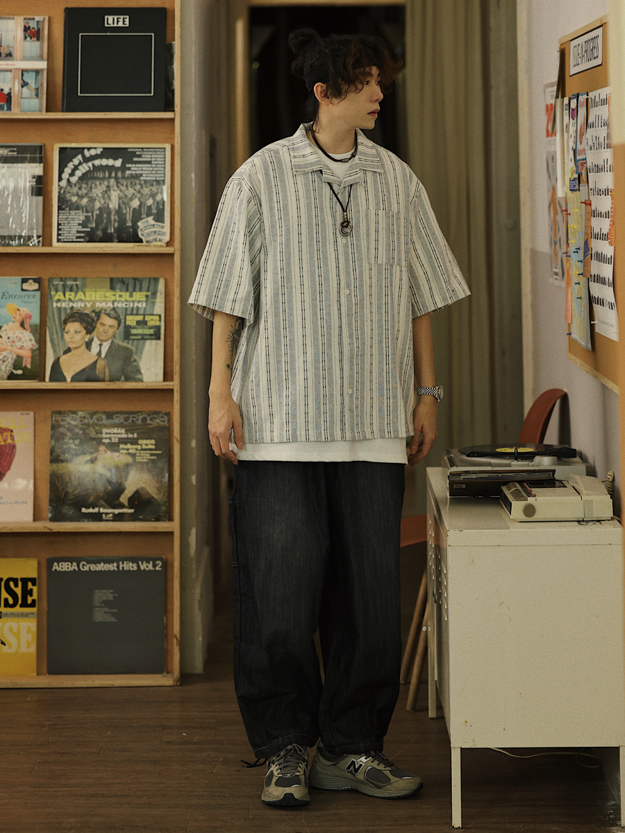 Men's Japanese Striped Pocket Work Shirt - Casual Summer Short Sleeve Fashion in Youthful Trendy Style Men's Japanese Striped Pocket Work Shirt - Casual Summer Short Sleeve Fashion in Youthful Trendy Style