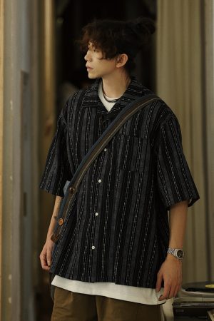 Men's Japanese Striped Pocket Work Shirt - Casual Summer Short Sleeve Fashion in Youthful Trendy Style