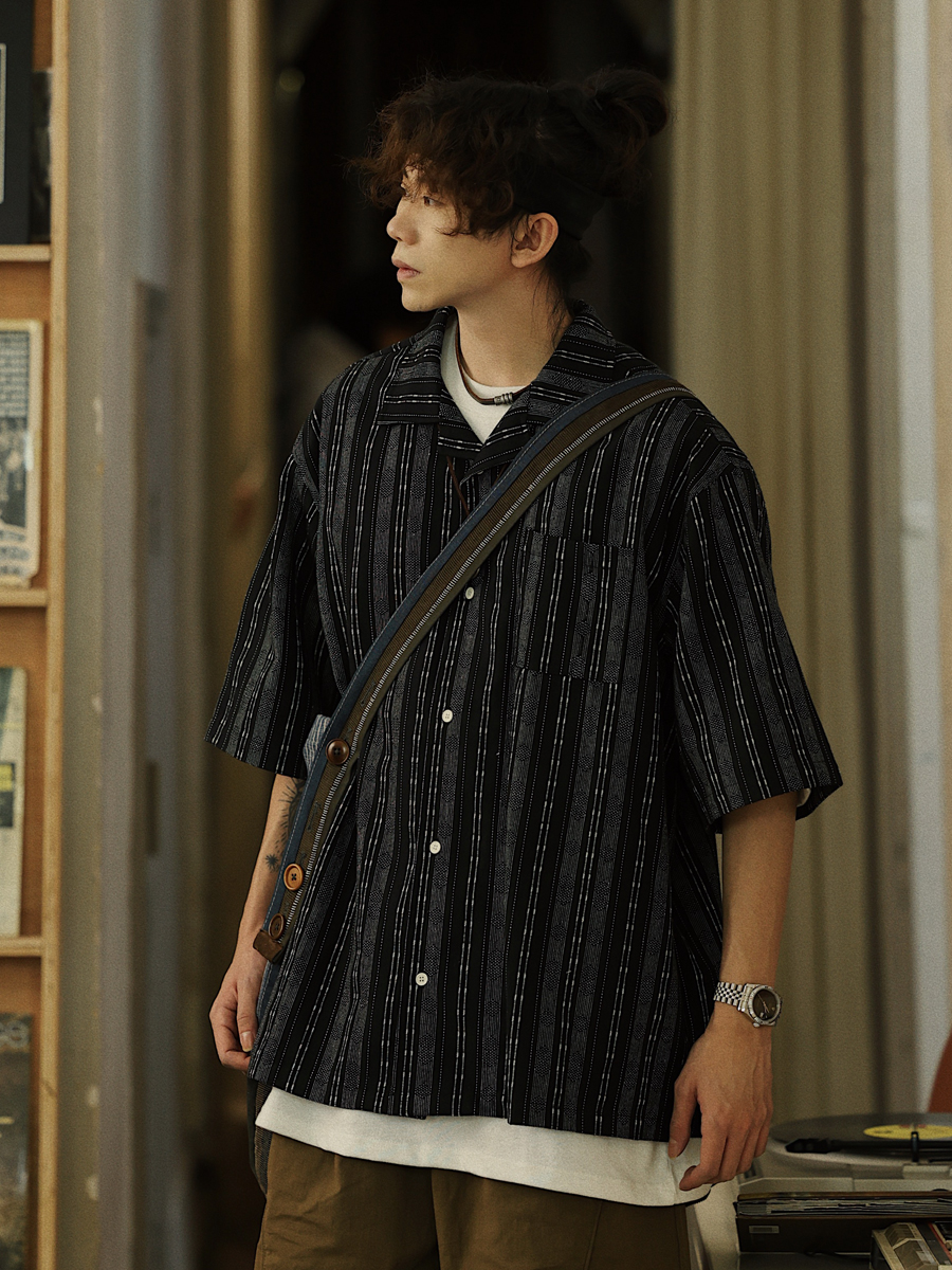 Men's Japanese Striped Pocket Work Shirt - Casual Summer Short Sleeve Fashion in Youthful Trendy Style Men's Japanese Striped Pocket Work Shirt - Casual Summer Short Sleeve Fashion in Youthful Trendy Style