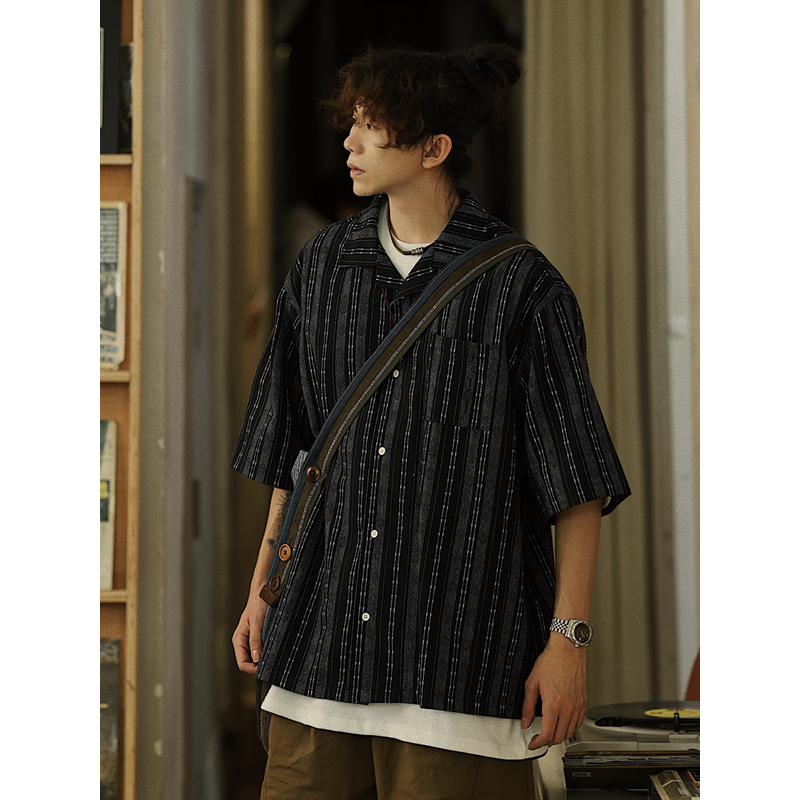 Men's Japanese Striped Pocket Work Shirt - Casual Summer Short Sleeve Fashion in Youthful Trendy Style Men's Japanese Striped Pocket Work Shirt - Casual Summer Short Sleeve Fashion in Youthful Trendy Style