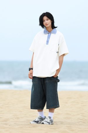 Men's Japanese-Style Heavyweight Cotton Polo Shirt - Short Sleeve Retro Casual Top for Versatile 90s Y2K Fashion