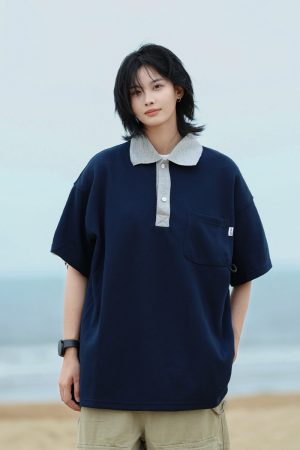 Men's Japanese-Style Heavyweight Cotton Polo Shirt - Short Sleeve Retro Casual Top for Versatile 90s Y2K Fashion