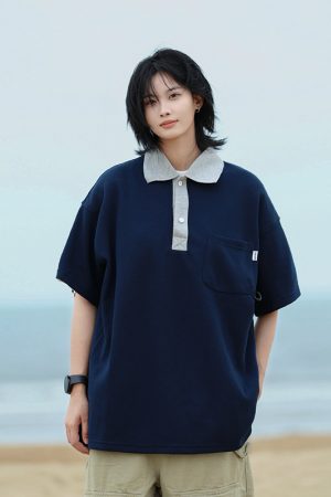 Men's Japanese-Style Heavyweight Cotton Polo Shirt - Short Sleeve Retro Casual Top for Versatile 90s Y2K Fashion