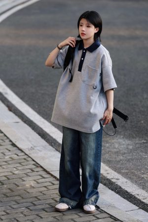 Men's Japanese-Style Heavyweight Cotton Polo Shirt - Short Sleeve Retro Casual Top for Versatile 90s Y2K Fashion