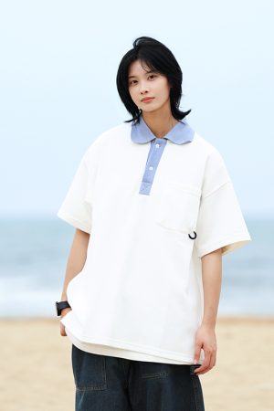 Men's Japanese-Style Heavyweight Cotton Polo Shirt - Short Sleeve Retro Casual Top for Versatile 90s Y2K Fashion