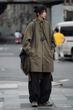 Men's Japanese Style Herringbone Bamboo Blend Shirt Jacket - Loose Windproof Coat for Spring and Autumn Fashion