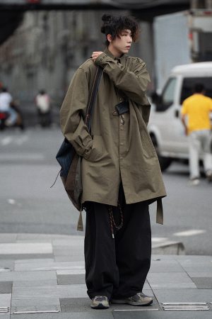 Men's Japanese Style Herringbone Bamboo Blend Shirt Jacket - Loose Windproof Coat for Spring and Autumn Fashion