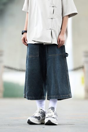 Men's Japanese Style Loose Fit Denim Shorts, American Retro Three-Quarter City Boy Workwear, Trendy Y2K Fashion