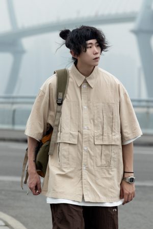 Men's Loose-Fit Lapel Short Sleeve Shirt with Large Pockets - Stylish Versatile Work Top for Spring and Summer