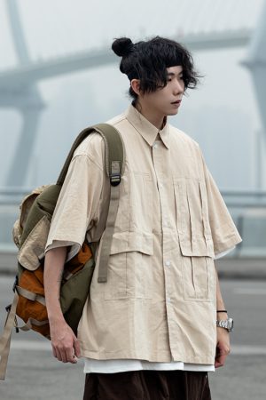 Men's Loose-Fit Lapel Short Sleeve Shirt with Large Pockets - Stylish Versatile Work Top for Spring and Summer