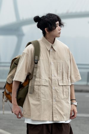 Men's Loose-Fit Lapel Short Sleeve Shirt with Large Pockets - Stylish Versatile Work Top for Spring and Summer