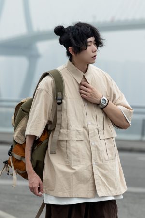 Men's Loose-Fit Lapel Short Sleeve Shirt with Large Pockets - Stylish Versatile Work Top for Spring and Summer