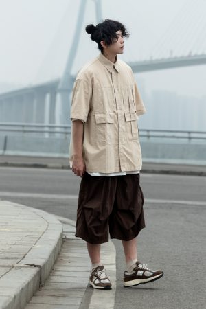 Men's Loose-Fit Lapel Short Sleeve Shirt with Large Pockets - Stylish Versatile Work Top for Spring and Summer