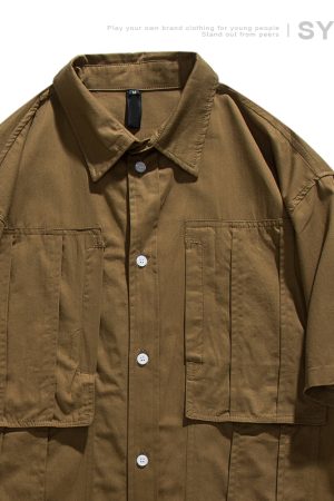 Men's Loose-Fit Lapel Short Sleeve Shirt with Large Pockets - Stylish Versatile Work Top for Spring and Summer