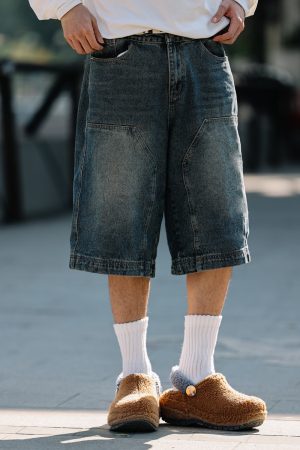 Men's Loose Wide-Leg Denim Shorts - Retro Patchwork Gradient Seven-Point Pants for Summer Casual Style