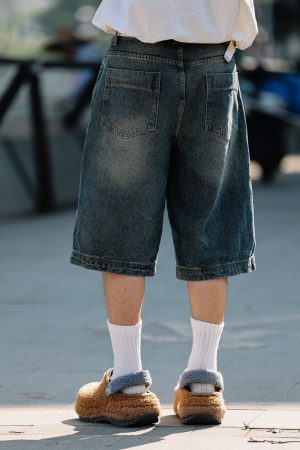 Men's Loose Wide-Leg Denim Shorts - Retro Patchwork Gradient Seven-Point Pants for Summer Casual Style