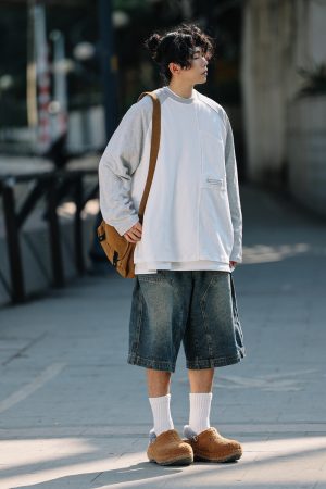 Men's Loose Wide-Leg Denim Shorts - Retro Patchwork Gradient Seven-Point Pants for Summer Casual Style