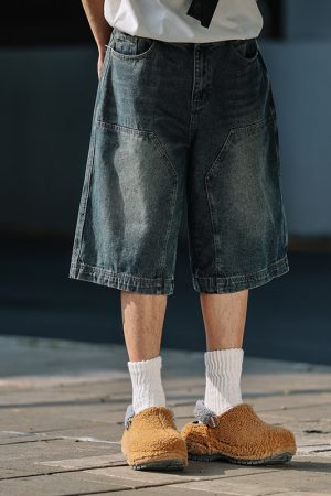 Men's Loose Wide-Leg Denim Shorts - Retro Patchwork Gradient Seven-Point Pants for Summer Casual Style