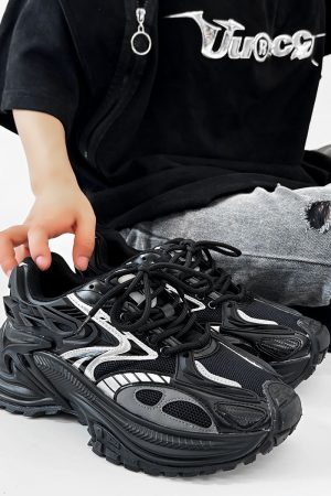 Men's Mech Black Rattlesnake Dad Shoes - Retro 90s Warrior Sports Sneakers for Couples, Stylish Running Footwear, National Trend