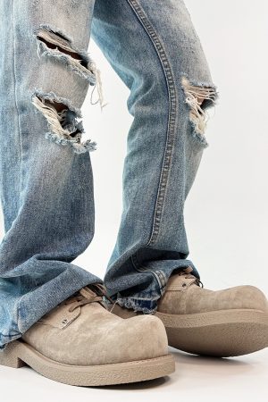 Men's Retro Brown Suede Derby Shoes with Mickey Mouse Design, Thick-Soled British Style, Trendy Oversized Footwear